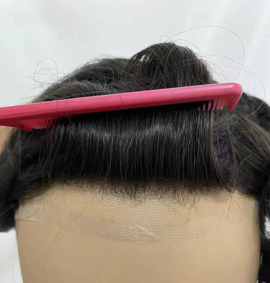 Hand-tied natural hairline on fine French lace combed with pink comb showing baby hairs