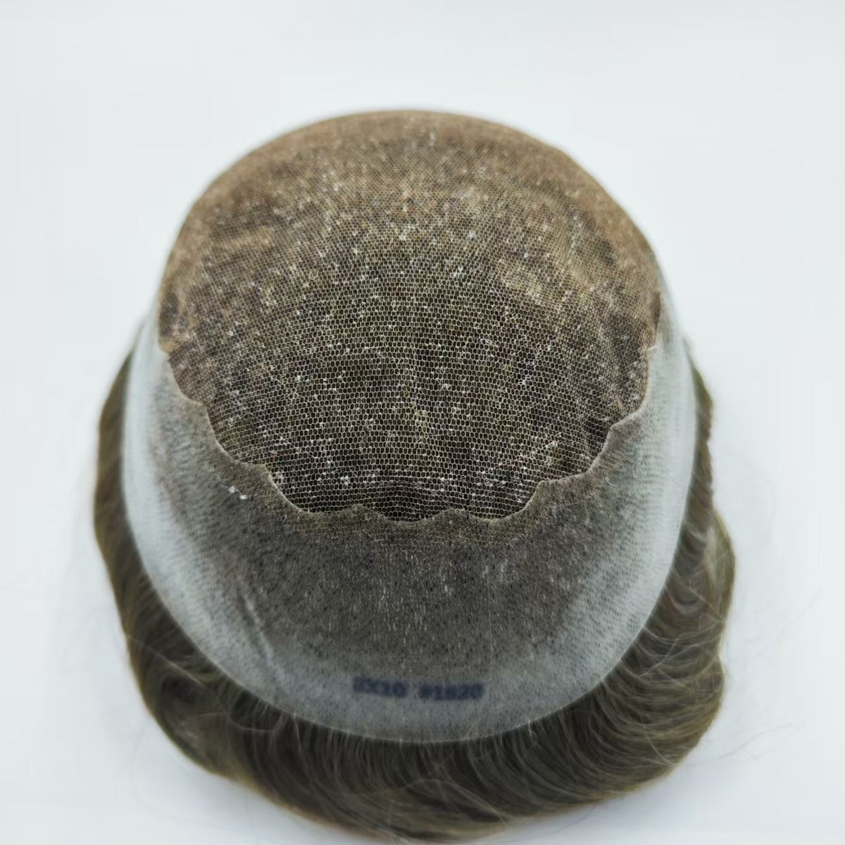 Back-top view of Q6 base in ash-brown showing poly mesh and French lace front band