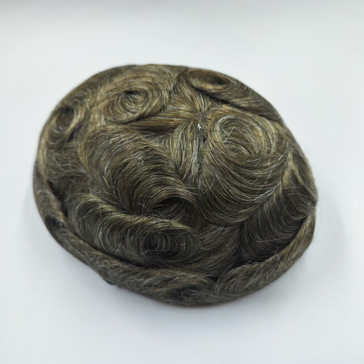 Top view of Q6 in mixed brown-silver color showing natural wavy part and color blend