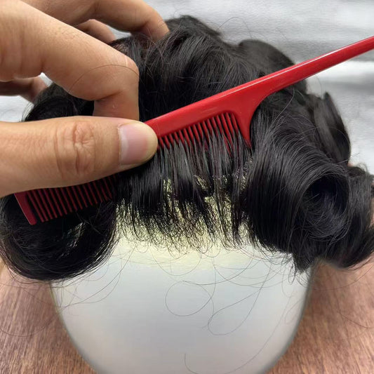 Close-up of V-looped natural hairline with baby hairs on transparent thin skin base, jet black hair