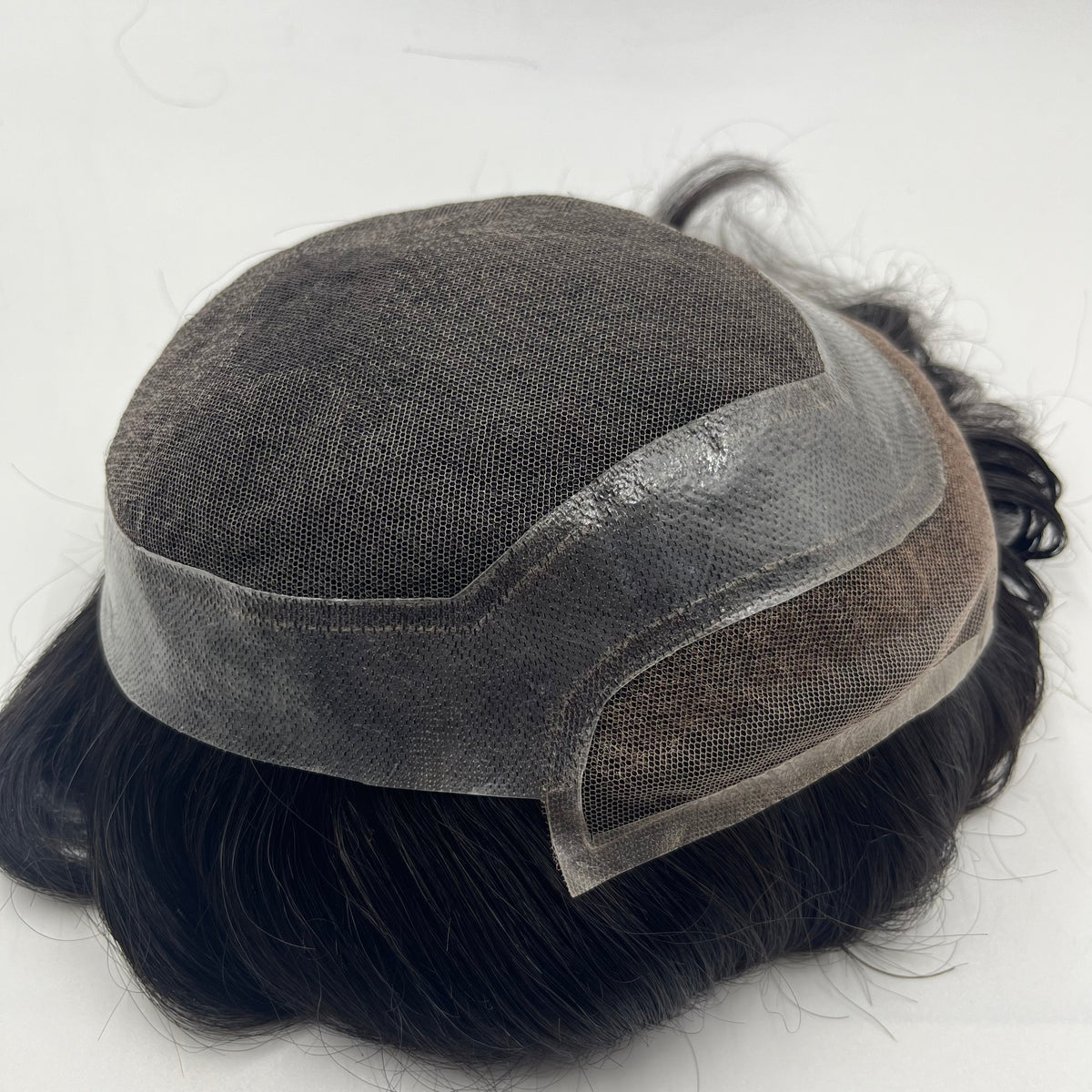 Rear-top angle of Hollywood base showing poly mesh crown and lace front perimeter band