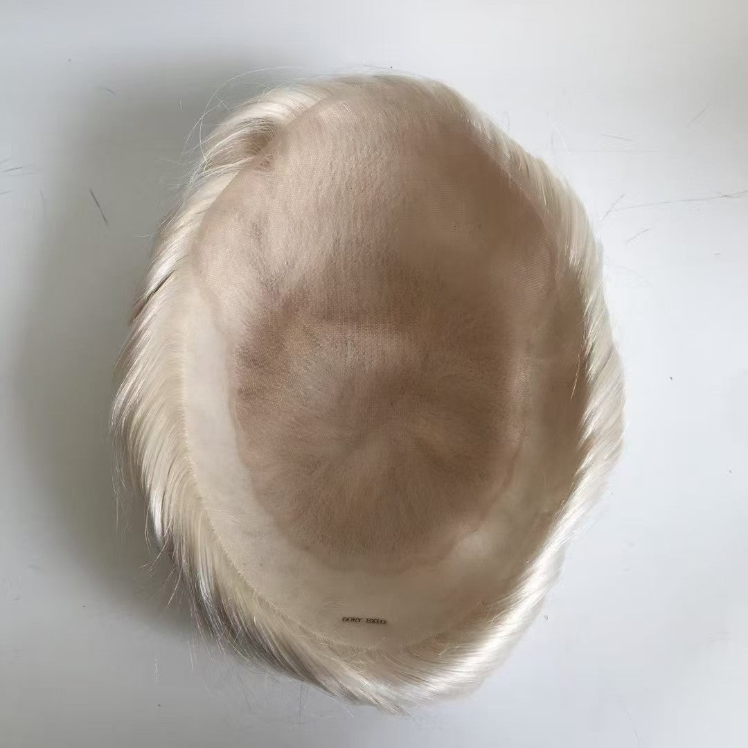 Top view of Q6 system in platinum blonde showing fine light base and natural center part