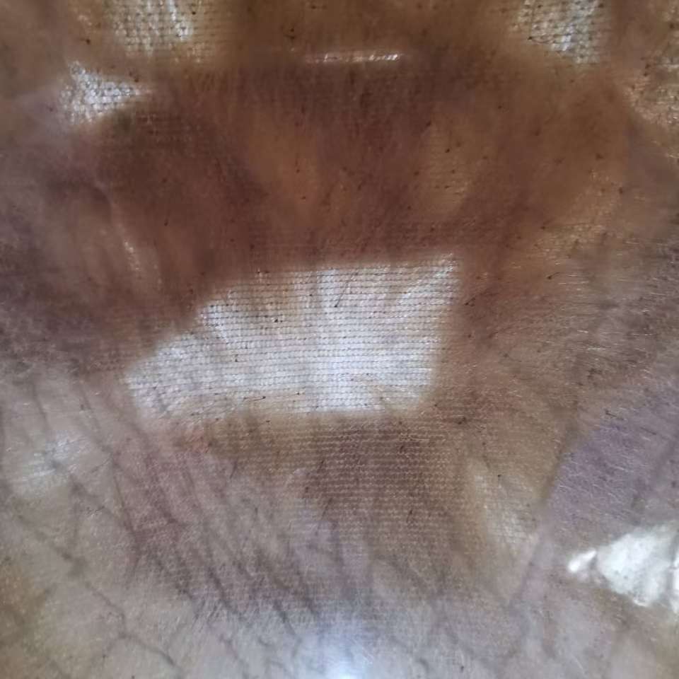 Macro of French lace material showing fine woven mesh texture in natural skin tone