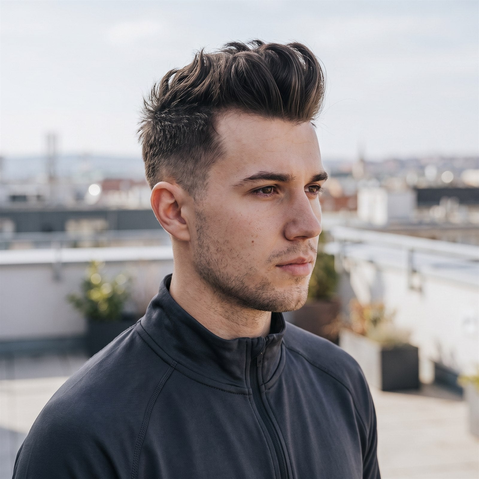 Model wearing a natural-looking men's hair system with a textured quiff style